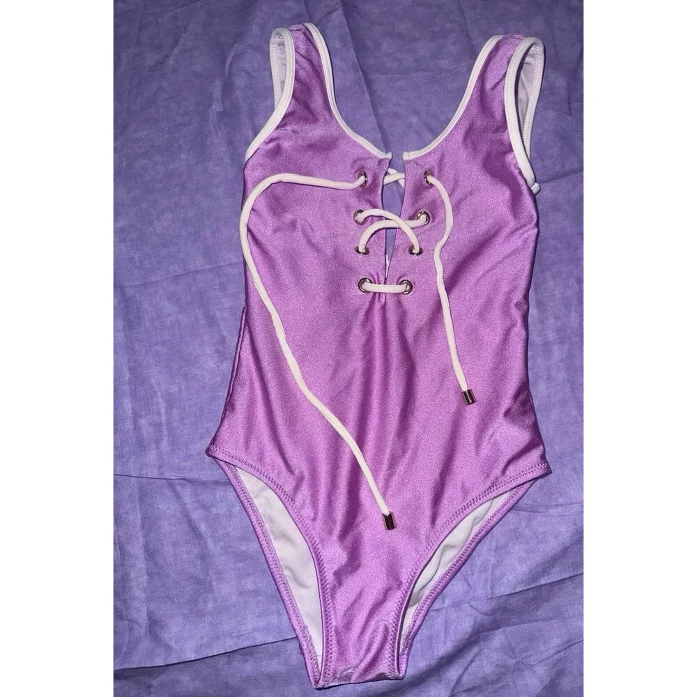 Nessi Byrd Kids Luxury Metallic Purple Lace Up Swimsuit - Size 6Y